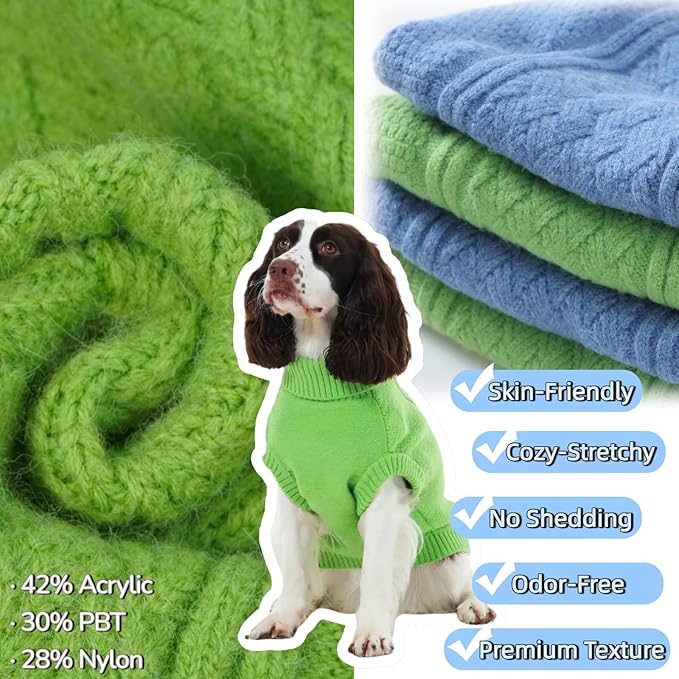 Pullover Warm Dog Sweater, Classic Cable Knit Fall Sweaters for Large Dogs Female, Sweater for Male Pet, Turtleneck Winter Clothes for Boston Terrier, Cute Coat for Boy or Girl Doggie(Green, L)