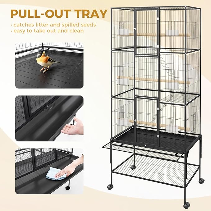 69-Inch Extra Large Bird Cage, Parakeet Bird Cage with Detachable Storage Stand, Rolling Cockatiel Cage for Mid-Sized Parrots Cockatiels Canaries Lovebirds Conures Finch, Black