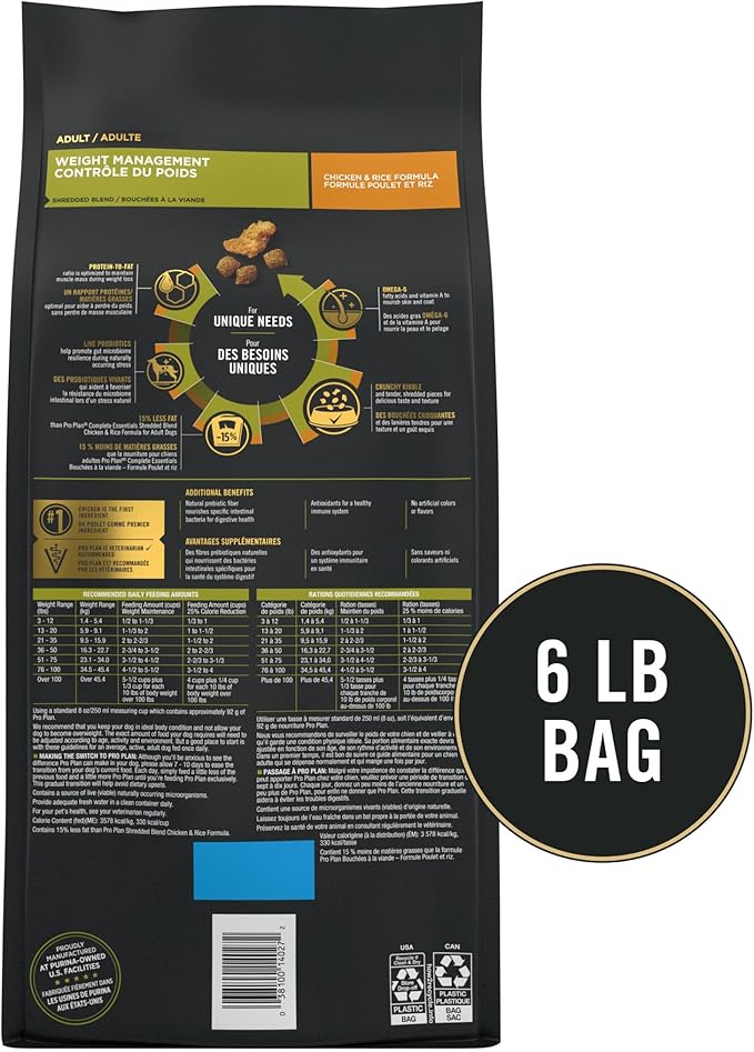 Purina Pro Plan Weight Management Dog Food Dry, Shredded Blend Chicken and Rice Formula - 6 lb. Bag