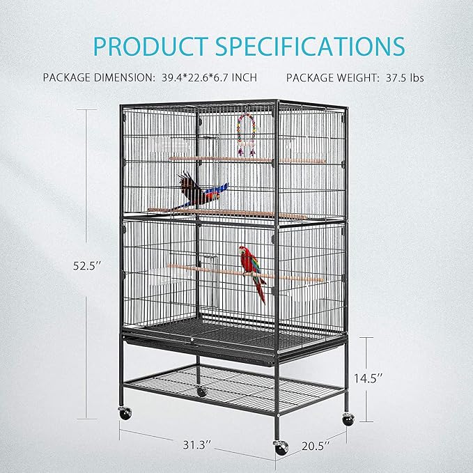 VIVOHOME 53 Inch Wrought Iron Large Bird Cage with Rolling Stand for Parrots Conures Lovebird Cockatiel Parakeets Black
