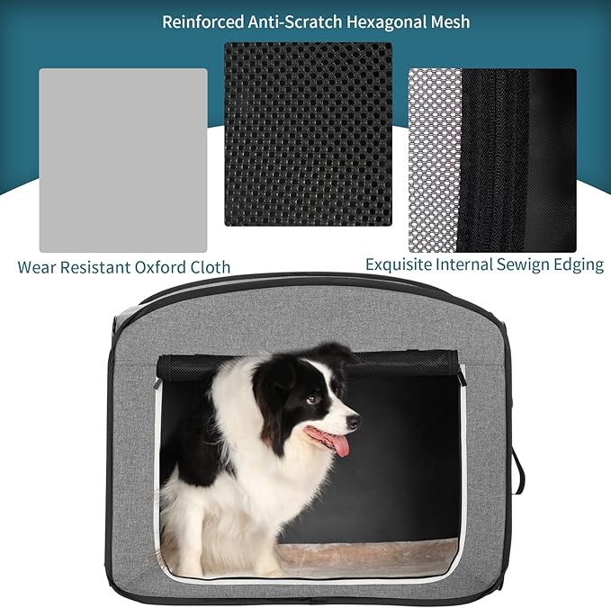 Petsfit Pop Up Dog Crate, Collapsible Dog Kennel,Lightweight&Portable Pet Cage for Medium Large Dogs, Included Soft Mat and Carrying Case,Grey,Large