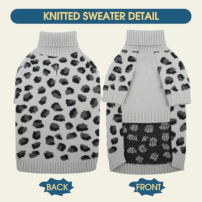 ROZKITCH Winter Dog Sweater for Small Medium Breeds, Leopard Print Thick Knitted Turtleneck Pullover, Soft Warm Coat for Labrador German Shepherd and Boxer Dogs Grey M