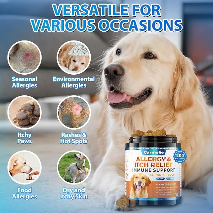 Dog Allergy Chews 200 Chews - Dog Itching Skin Relief Support - Omega 3 Probiotics for Dogs - Itchy & Paw Licking Relief, Seasonal Allergies, Skin & Coat Immunity Supplement - Chicken Flavor