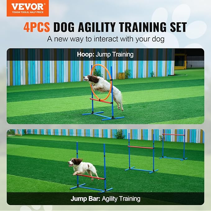 VEVOR 4 PCS Dog Agility Training Equipment with Adjustable Height Jump Bars & Reinforced Larger Jump Ring, Dog Agility Course Backyard Set with Carry Bag, Puppy Obstacle Course Kit for Indoor Outdoor