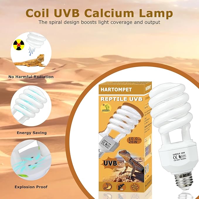 UVB 10.0 Reptile Light 26W – Desert Lamp for Bearded Dragons, Tortoises, Iguanas, Lizards & Other Sun-Loving Reptiles – Coil Bulb for Terrariums & Tanks