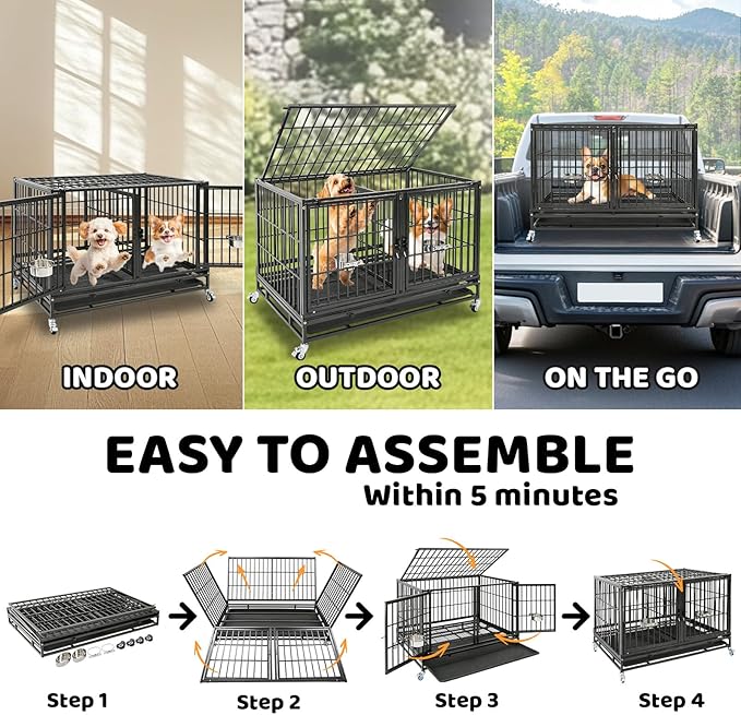 Homey Pet Three Tiers 43 inch Heavy Duty Dog Crate with Wheels, Stackable Indestructible Steel Dog Cage Kennel Indoor with Divider, Trays, Bowls, Escape Proof Locks for Breeder and More