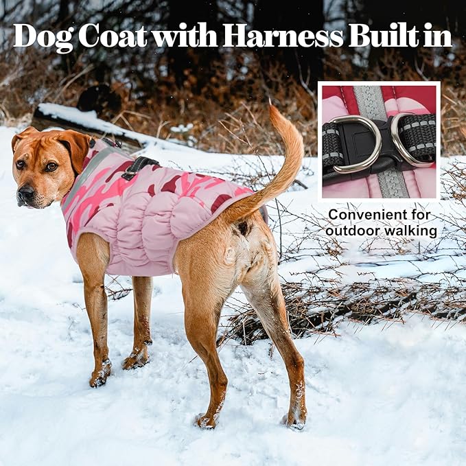 Lelepet Dog Coat Warm Dog Winter Coat Waterproof Dogs Jacket with Harness Built in Reflective Pet Fleece Vest Zip-Up Cold Weather Coats for Large Dogs Turtleneck Windproof Boston Terrier Pink Camo L