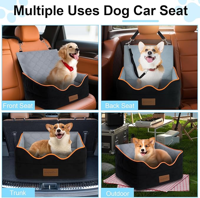 Dog Car Seat for Small/Medium Dogs Under 35lbs, Pet Booster Seat with 4in Memory Foam Cushion, Fully Detachable and Washable, Travel Dog Carseat with Storage Pocket and Safety Belt