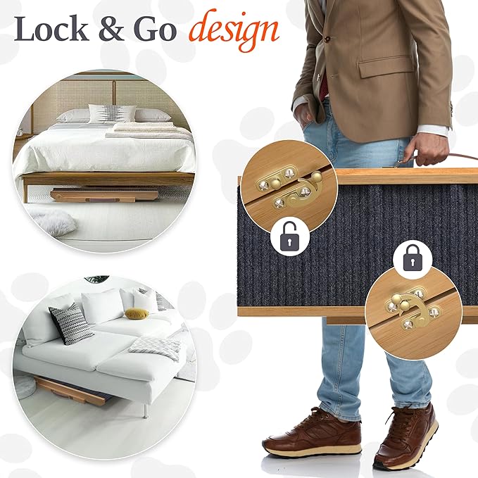 Adjustable Dog Ramp for Bed - Foldable Wooden Ramp for Dogs to Get on Bed, Couch, or Car - Ideal for Small and Medium Breeds (Natural Wood with Grey Carpet)