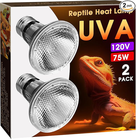 Reptile Heat Bulb [2 Pack], Reptile Light Bulbs 75W UVA UVB, Dimmable Heat Lamp Bulbs Basking Spot Light Bulb for Reptiles, Amphibian, Bearded Dragon, Lizard, Chicken