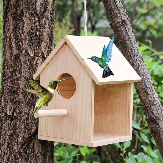 Large Bird House for Outside, Outdoor Wooden Birdhouse with Transparent Acrylic Window, Bird Nest Box with Pole for Garden Patio, Hanging Birdhouse for Sparrow Hummingbird Finch 5.7 × 5.7 × 8.7 Inches