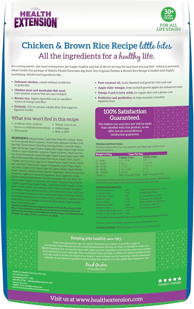 Health Extension Little Bites Dry Dog Food for Small Breeds, Chicken & Brown Rice Recipe, with Probiotics & Superfoods for Digestion & Coat Health, 1 lb Bag (Pack of 2)