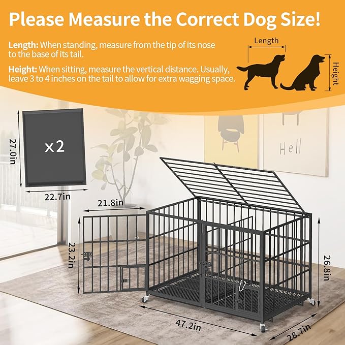 48 inch Dog Crate Cage Kennel with Divider for 2 Dogs, Indestructible Dog Crate, Sturdy Design,Double Door and Removable Tray Medium/Large Dog Cage