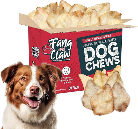 Fang & Claw Water Buffalo Ears for Dogs (50 Pack) - Free Range Grass Fed Low Calorie All Natural Dog Chews - Healthy Dental Chew Bone Alternative - No Rawhide Dog Chews - Long Lasting Natural Treats