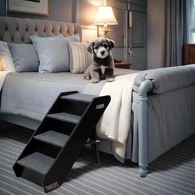 TRIROCKS Wood Pet Stairs Non-Slip Pet Steps - Foldable 4 Levels Dog Stairs & Ramp Perfect for Beds and Cars - Portable Dog/Cat Ladder Up to 130 Pounds