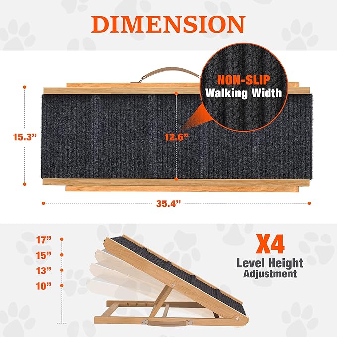 Adjustable Dog Ramp for Bed - Foldable Wooden Ramp for Dogs to Get on Bed, Couch, or Car - Ideal for Small and Medium Breeds (Natural Wood with Grey Carpet)