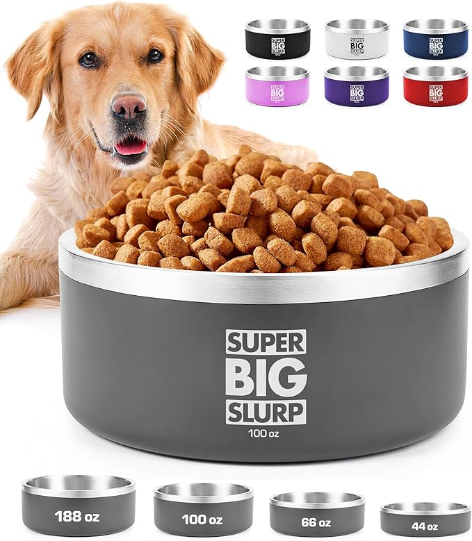 Tuff Pupper 100 oz Heavy Duty Insulated Stainless Steel Dog Bowl for Large Dogs, Non-Slip Base, Dishwasher Safe