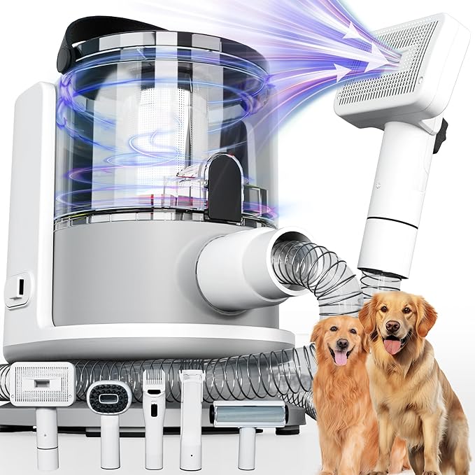 FOTING 5-in-1 Dog Grooming Vacuum, 12000Pa Dog Clippers & Shedding Brush Grooming Cleaning Tools Pet Grooming Vacuum, 2 Suction Levels