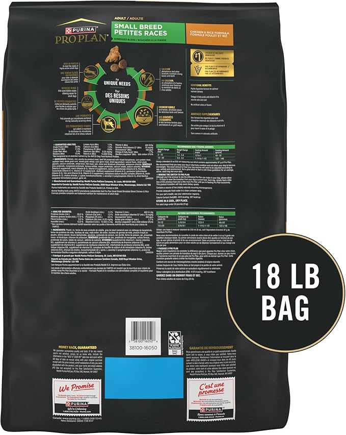 Purina Pro Plan Small Breed Dog Food Shredded Blend Chicken and Rice Formula With Guaranteed Live Probiotics - 18 lb. Bag