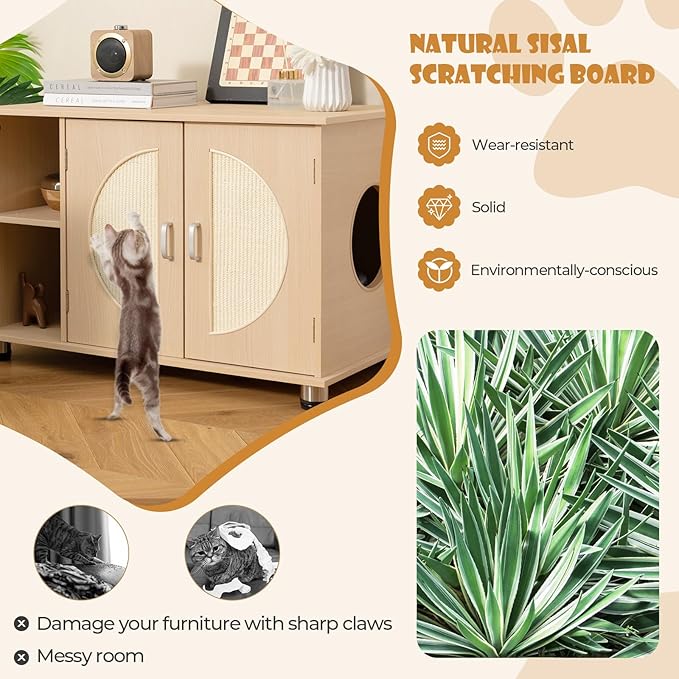 Tangkula Litter Box Enclosure, Hidden Cat Washroom with Storage Shelf, Sisal Scratching Doors, Adjustable Metal Feet, Modern Cat Litter Cabinet Storage Bench, Enclosed Litter Box Furniture (Natural)