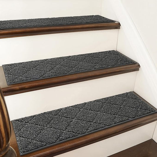 COSY HOMEER Edging Stair Treads Non-Slip Carpet Mat 28inX9in Indoor Stair Runners for Wooden Steps, Edging Stair Rugs for Kids and Dogs, 100% Polyester TPE Backing (10pc, Black)