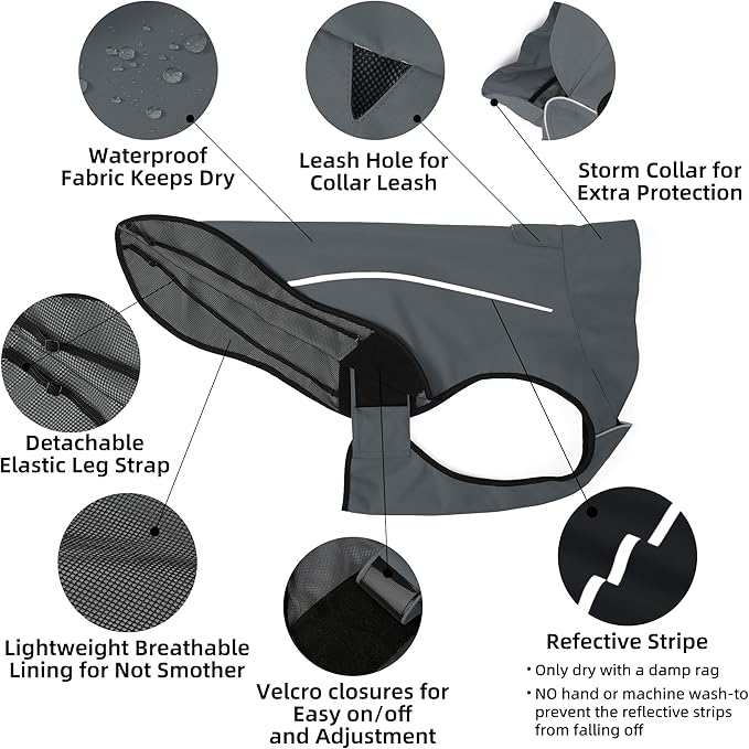 Mile High Life Dog Raincoat, Adjustable Waterproof Reflective Rain Jacket for Small Medium Large Dogs, Lightweight Breathable Pet Rain Coat with Leash Hole(Dark Gray,XS Chest 17-23")