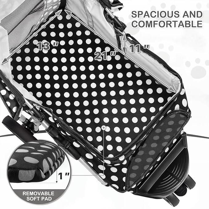 MoNiBloom 3 Wheels Pet Dog Cat Stroller for Small Medium Dogs Cats, Foldable Jogger Stroller w/Storage Basket and Cup Holder, Black Polka Dots