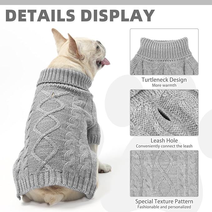 KOOLTAIL Thermal Knitted Dog Sweater for Small Medium Large Dogs, Turtleneck Cable Knit Doggy Winter Coat Warm Clothes Sweatshirt Outfits for Cold Weather,Pullover Pet Jumper for Puppy Cats Grey XL