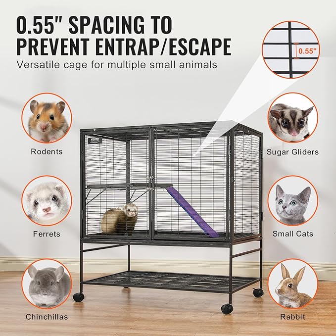 VEVOR 39" Rolling Metal Ferret Cage, Large 2-Tier Critter Nation Cage, Small Animal Cage with Ramps & Tray, Easy to Set up for Pet Mice, Hamster, Guinea Pig, Chinchilla, Squirrel, Hedgehogs, Bunny