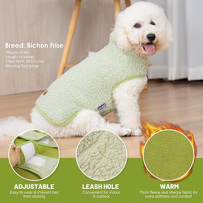 cyeollo Warm Dog Coat Fleece Sherpa Winter Sweater, Reversible Large Dogs Jacket Vest with Leash Hole, Soft Coats for Large Dogs Cold Weather, Green, XXXL