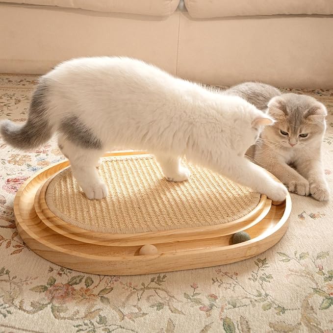 Sisal Cat Scratcher Toy with Ball Track Wooden Interactive Cat Toy for Indoor Cats Scratch Pad, Physical Exercise for Kitty and Medium Cat
