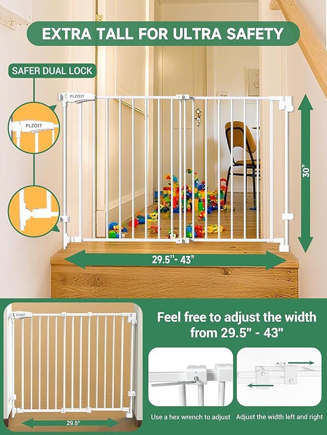 29.5-43" No Bottom Bar Baby Gate for Stairs, Auto Close Dog Gate Indoor, Hardware Mounted, Child Safety Gate for Kids with Large Walk Thru Door, Pet Gate for Doorways adn Stairs - White