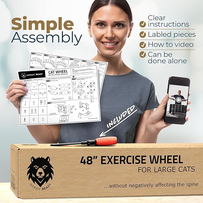 48'' XL Cat Wheel - Cat Wheels for Indoor Cats Which Doesn't Negatively Affect Your Cat's Spine - 15.7'' Extra Wide Cat Treadmill - Fits 2 Cats Side-by-Side, 1-Year Warranty