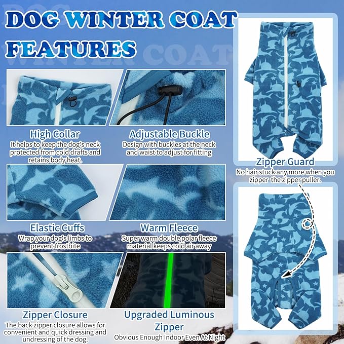 ROZKITCH Dog Winter Coat Soft Fleece Pullover Pajamas, Pet Windproof Warm Cold Weather Jacket Vest with Luminous Zipper, Jumpsuit Apparel Outfit Clothes for Small Medium Large Dog Shark S