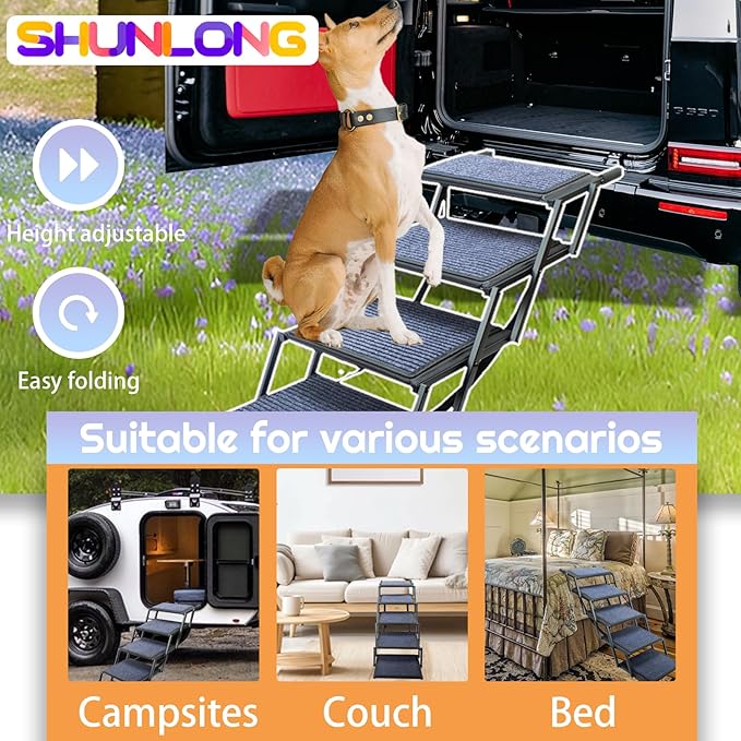 Dog Ramp for Car Truck and SUV Dog Stairs for Large Dogs Folding Pet Stairs with Non-Slip Rug Surface Supports Up to 250 lbs (5 Steps)