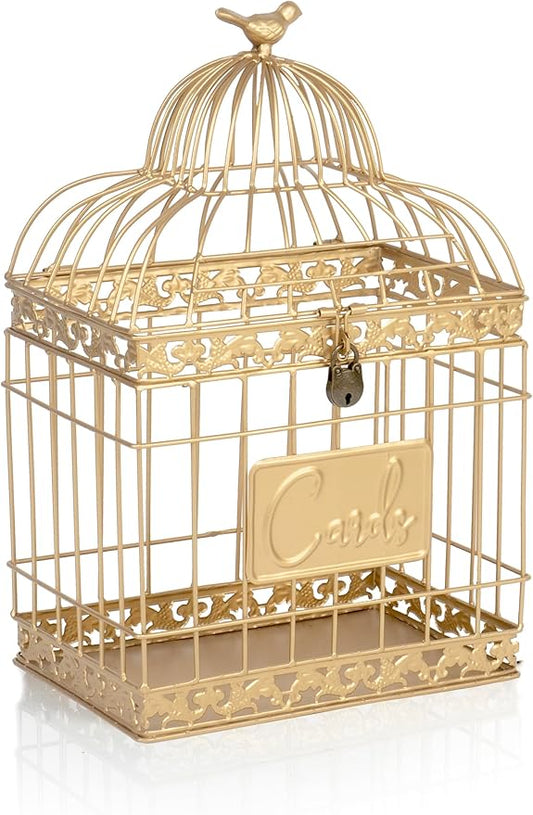 Red Co. 15.5” Tall Rectangular Decorative Lockable Metal Birdcage Wedding Card Holder, Gold