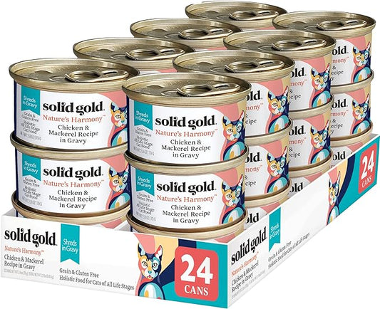 Solid Gold Wet Cat Food Shreds in Gravy - Healthy Canned Cat Food Made w/Real Chicken & Mackerel Shreds, Vitamins & Minerals - Grain Free & Gluten Free Canned Meals for Cats & Kittens - 24ct/3oz Can