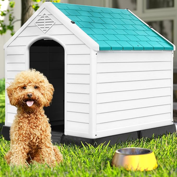 DWVO Robust Weatherproof Dog House, Indoor & Outdoor Safe Haven for Small to Medium Dogs, Easy Assembly & Cleaning (28.5''L*26''W*28''H, Blue)
