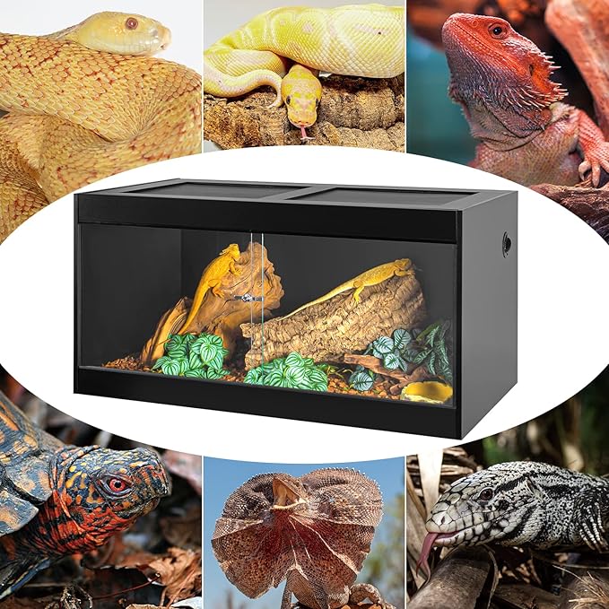 OIIBO 120 Gallon Reptile Terrarium, 48" x 24" x 24" Wooden Reptile Terrarium with Double Hinge Sliding Doors and Top Screen Ventilation Black Reptiles Habitat Lounge