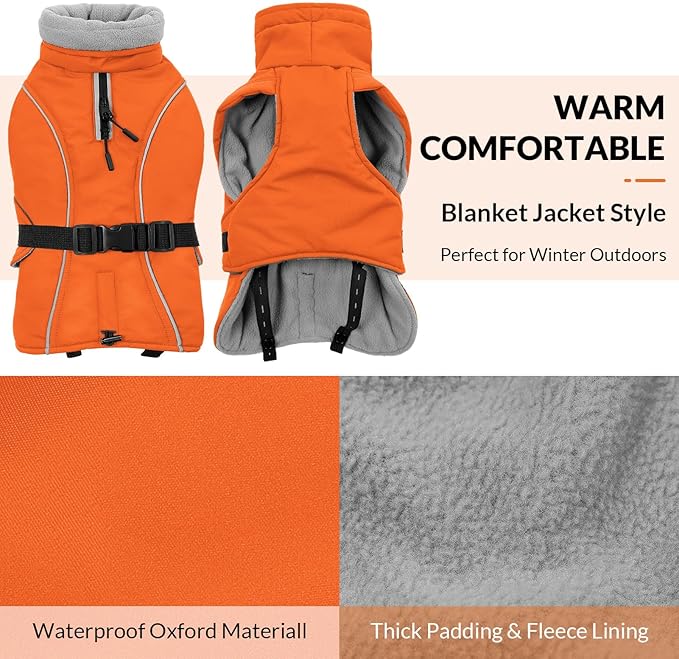 Queenmore Winter Dog Coat Warm Dog Jacket Vest Waterproof Puffer Fleece Snowsuit Adjustable Buckle Leash Hole Reflective Cold Weather Parka for Small Medium Large Dogs Girl Boy Black S