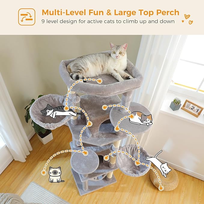 PAWZ Road Tall Cat Tower, 70 Inch Cat Tree with Hammock, 5 Scratching Posts, 2 Condos and a Large Top Perches for Large Cats