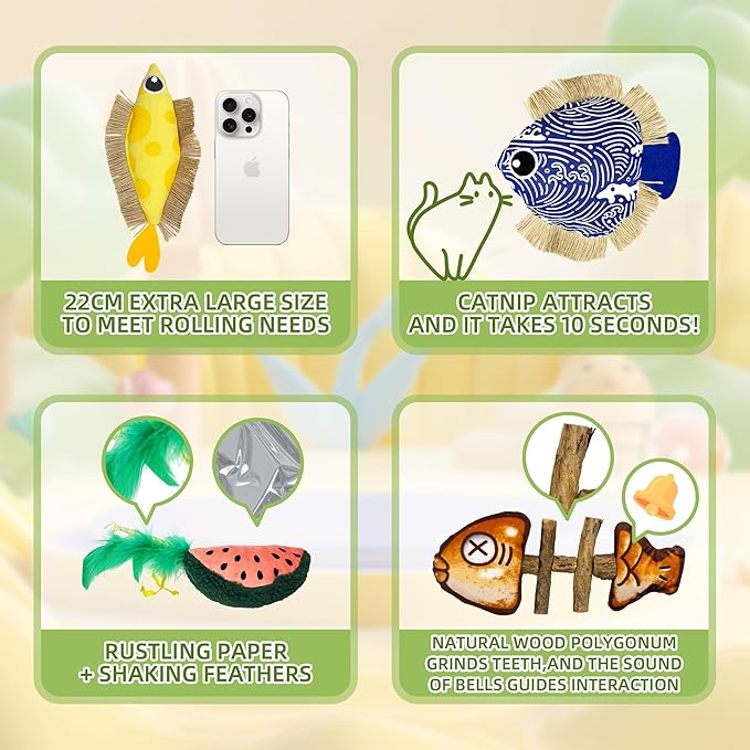 Interactive Cat Toys Bundle Kit: Crinkle Sound Toys + Catnip Kicker + Silvervine Dental Chew - Large & Mini Size Teaser Pack for Indoor Cats