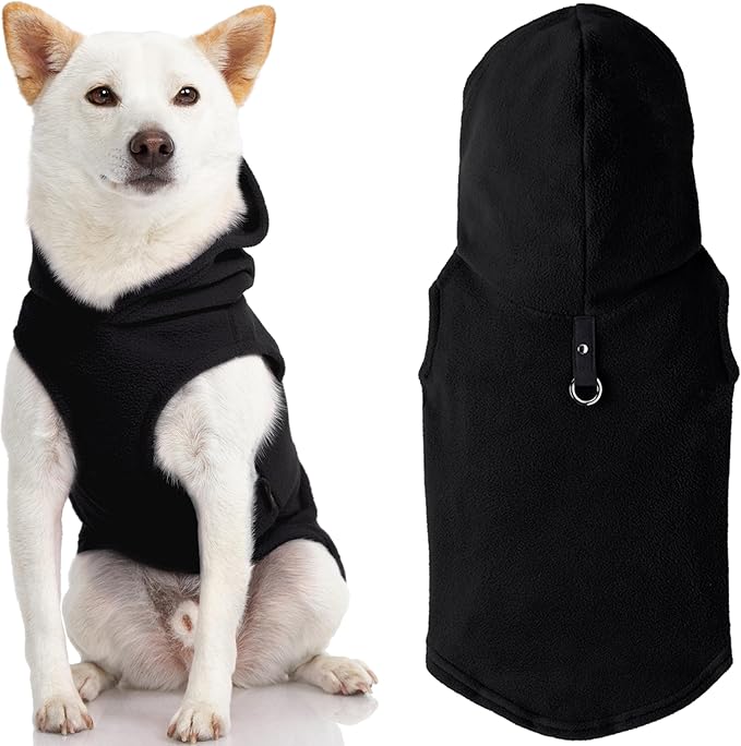 Gooby Fleece Vest Hoodie Dog Sweater - Black, X-Large - Warm Pullover Dog Hoodie with O-Ring Leash for Small to Medium Dogs