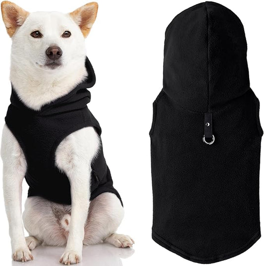Gooby Fleece Vest Hoodie Dog Sweater - Black, Medium - Warm Pullover Dog Hoodie with O-Ring Leash for Small to Medium Dogs