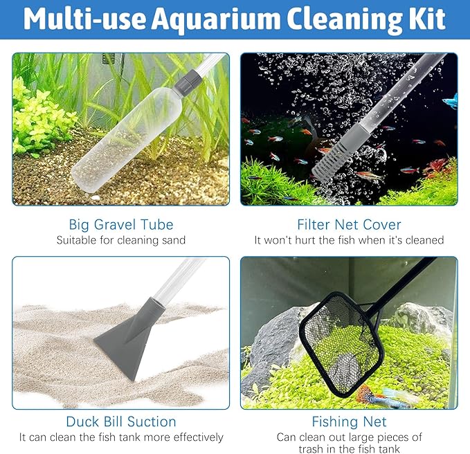 PINVNBY Aquarium Vacuum Gravel Cleaner Kit Manually Fish Tank Cleaner with Fish Net & Fixture Clamp Fish Tank Water Changer Aquarium Siphon Sand Cleaning for Various Tank Sizes