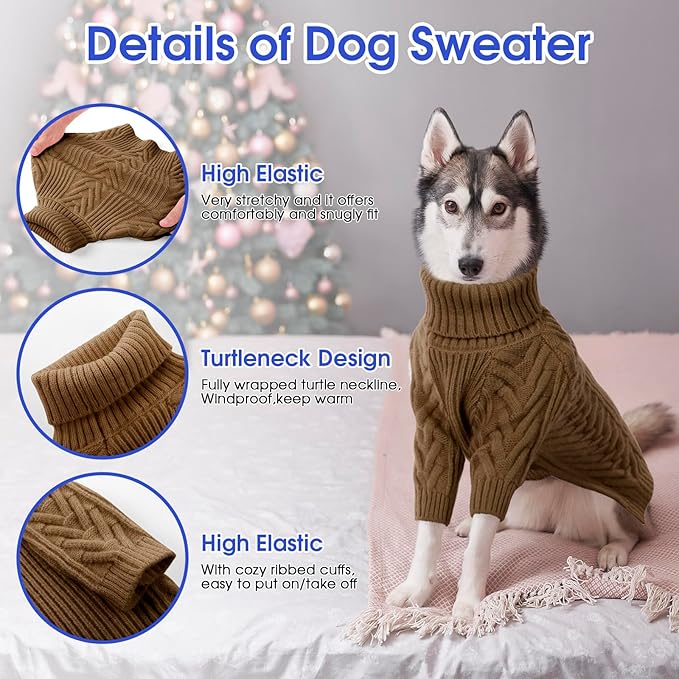 ASENKU Dog Sweater, Dog Sweaters for Medium Dogs, Warm Pullover Doggie KnitTurtleneck Warm Clothes for French Bulldog, Boston Terrier（Coffee, L）