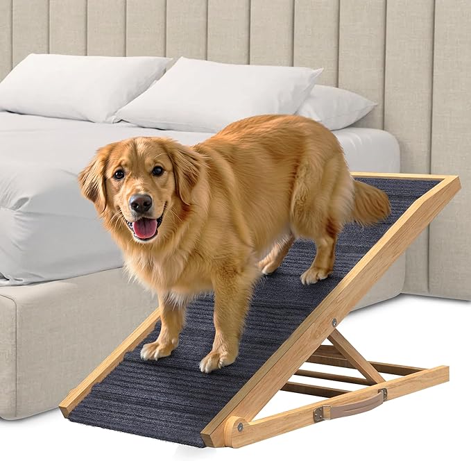 Adjustable Dog Ramp for Bed - Foldable Wooden Ramp For Dogs to Get on Bed, Couch, or Car - Ideal for Small, Medium, and Large Breeds (Natural Wood with Grey Carpet) (Natural Wood, Large)