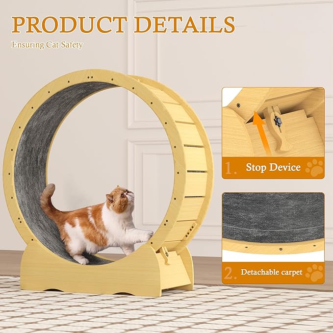 45" Cat Wheel,cat Wheels for Indoor Cats,Noise-Free Pet Fitness Toy，Safety Treadmill with Lock Minimized Gap Design，to Reduce Boredom & Anxiety - Easy Assembly
