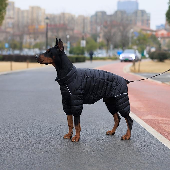 Lovelonglong Dog Coat Dog Warm Jacket, 4 Legs Covered Waterproof Windproof Reflective Warm Dog Vest, Zippered Adjustable Outdoor Dog Snow Jacket for Small Medium Large Dogs Black S