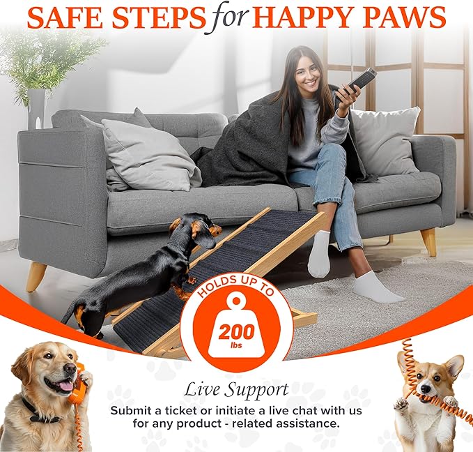 Adjustable Dog Ramp for Bed - Foldable Wooden Ramp for Dogs to Get on Bed, Couch, or Car - Ideal for Small and Medium Breeds (Natural Wood with Grey Carpet)